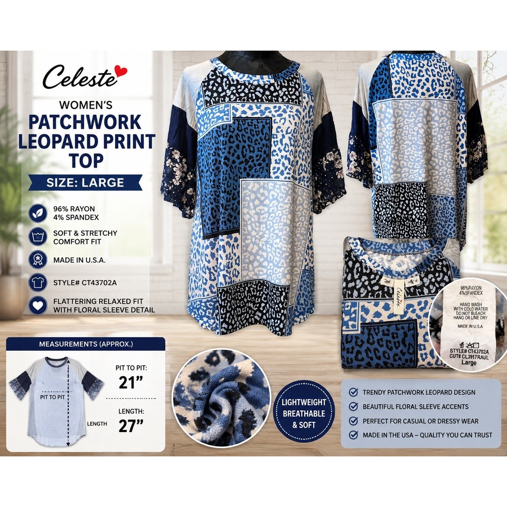 Celeste Women Blue Patchwork Leopard Print Floral Sleeve Top CT43702A Large